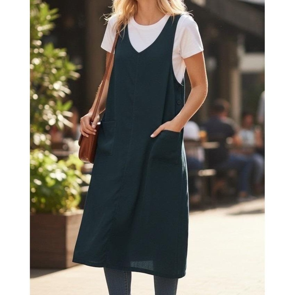 TY Original Wear Jumper Dress Womens 16 Teal Faux Suede Pinafore Midi Pockets